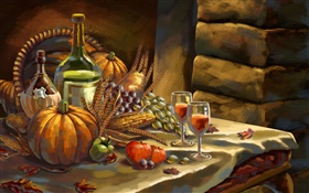 Ação de Graças, aguarela, abóbora, uvas, vinho, maçãs, trigo