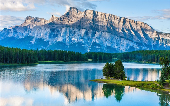 Two Jack Lake, Parque Nacional de Banff, Alberta, Canadá, montanhas, árvores Papéis de Parede, imagem
