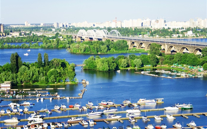 Ucrânia, cidade, rio, ponte, cais, barcos, árvores Papéis de Parede, imagem