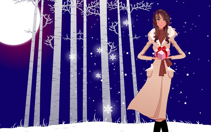 Ilustração do vetor, menina, inverno, neve, árvores, presentes Papéis de Parede, imagem