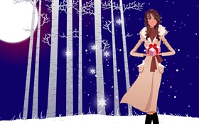 Ilustração do vetor, menina, inverno, neve, árvores, presentes