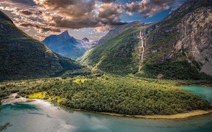Vikane, Noruega, vale, montanhas, lago, nuvens Papéis de Parede, imagem