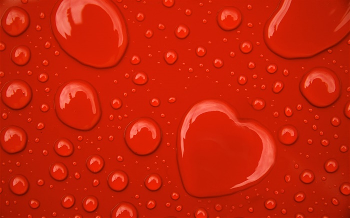 Gotas de água, corações do amor, fundo vermelho Papéis de Parede, imagem
