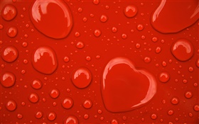 Gotas de água, corações do amor, fundo vermelho