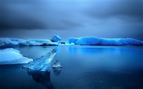Inverno, neve, gelo, lago, água, crepúsculo, azul HD Papéis de Parede