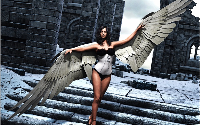 rendição da arte, menina fantasia, anjo, asas, escadas Papéis de Parede, imagem