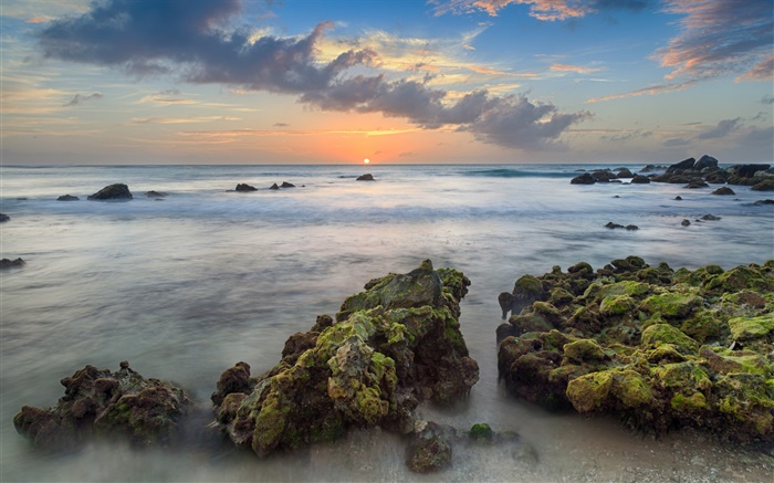Aruba, Caraíbas, Arashi Bay, pedras, mar, costa, por do sol, nuvens Papéis de Parede, imagem