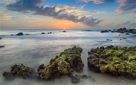 Aruba, Caraíbas, Arashi Bay, pedras, mar, costa, por do sol, nuvens