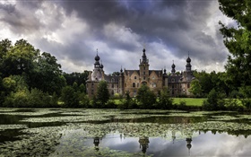 Bélgica, Ooidonk Castle, lagoa, árvores, nuvens, crepúsculo HD Papéis de Parede