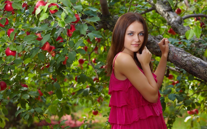 Menina dos olhos azuis, vestido vermelho, árvore de maçã, maçãs vermelhas Papéis de Parede, imagem