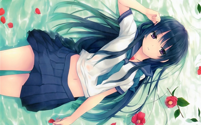cabelo azul anime menina, pose, mentindo grama, flores Papéis de Parede, imagem