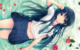 cabelo azul anime menina, pose, mentindo grama, flores