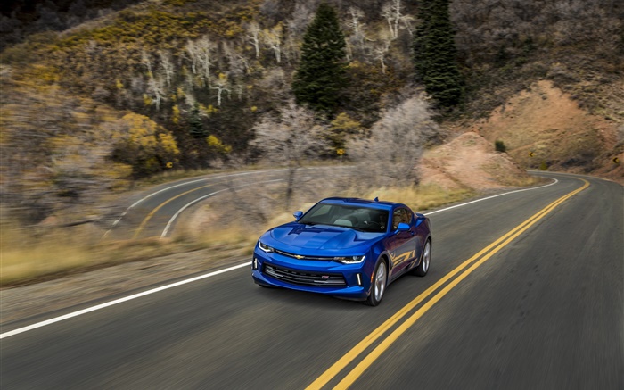 Chevrolet Camaro azul supercarro, estrada, velocidade Papéis de Parede, imagem