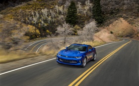 Chevrolet Camaro azul supercarro, estrada, velocidade HD Papéis de Parede
