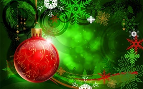 Natal, Ano Novo, bola vermelha, decoração, floco de neve, vetor