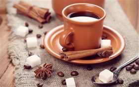 Os grãos de café, copo, anis, canela, açúcar HD Papéis de Parede
