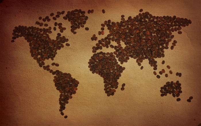 Os grãos de café, mapa do mundo, continente, criativo Papéis de Parede, imagem