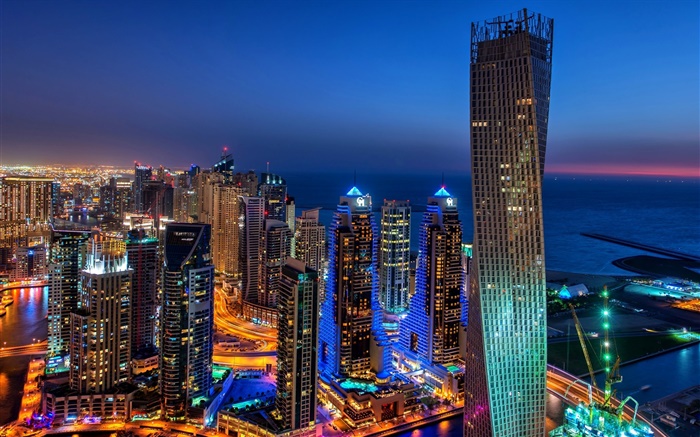 Dubai, UAE, cidade, noite, luzes, arranha-céus Papéis de Parede, imagem