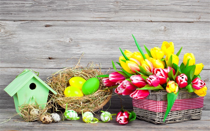 Páscoa, ovos coloridos, tulipas flores Papéis de Parede, imagem
