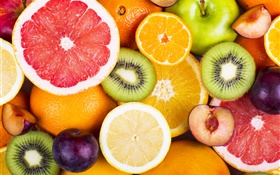 Frutas frescas, bagas, laranjas, kiwi, uva, maçãs HD Papéis de Parede