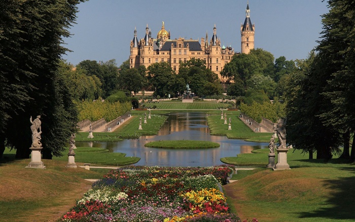 Alemanha, Schwerin, castelo, arquitetura, parque, árvores, flores Papéis de Parede, imagem