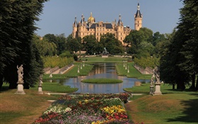 Alemanha, Schwerin, castelo, arquitetura, parque, árvores, flores