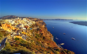 Grécia, Santorini, costa, mar, barcos, baía, casas