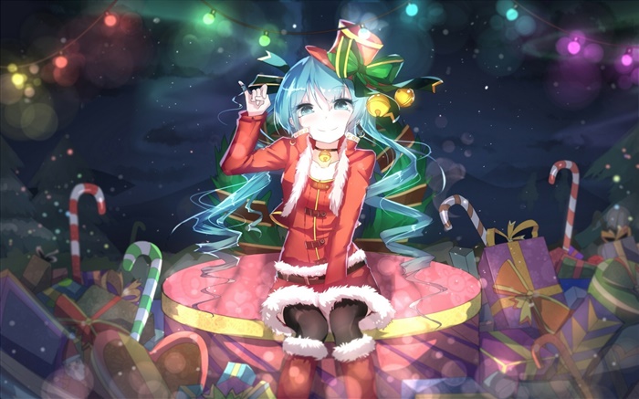 Hatsune Miku, Natal anime menina, chapéu, sorriso, presentes Papéis de Parede, imagem