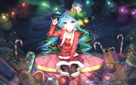 Hatsune Miku, Natal anime menina, chapéu, sorriso, presentes