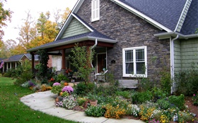 Casa, mansão, passagem, gramado, flores, arbustos HD Papéis de Parede