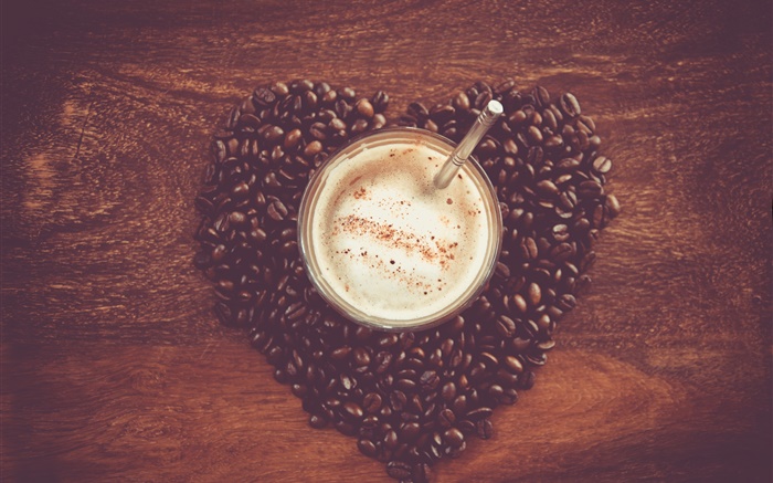 Amo grãos de café coração, mesa, caneca, bebida Papéis de Parede, imagem