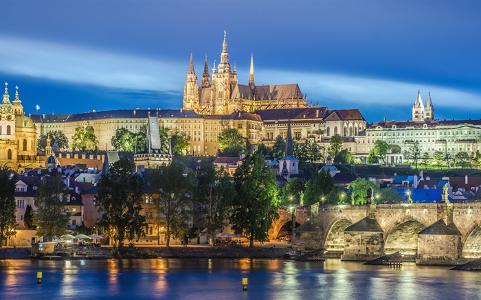 Praga, República Checa, rio, ponte, Catedral de São Vito, noite, luzes Papéis de Parede, imagem
