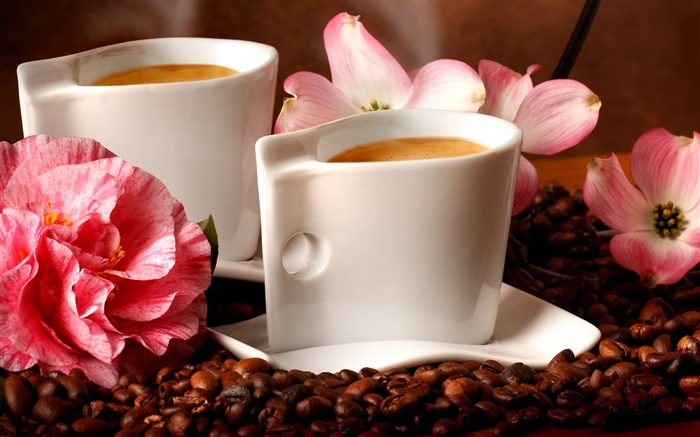 Dois copos de café, aroma, grãos de café, flores Papéis de Parede, imagem