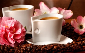 Dois copos de café, aroma, grãos de café, flores HD Papéis de Parede