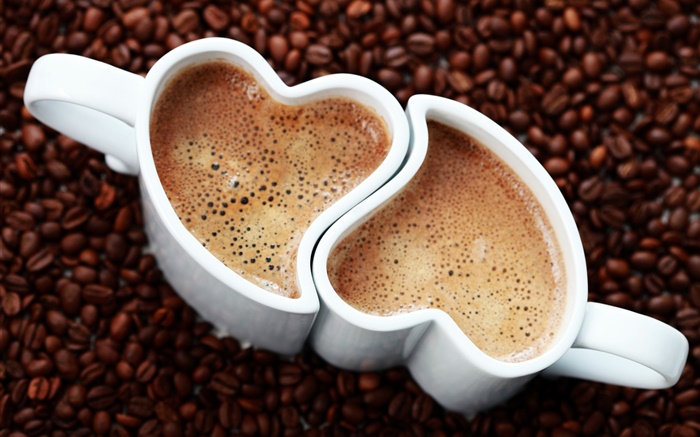 Dois copos de café, corações do amor, espuma, bebida Papéis de Parede, imagem