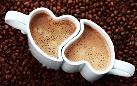 Dois copos de café, corações do amor, espuma, bebida HD Papéis de Parede