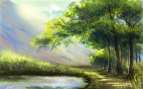 Pintura bonita, floresta, lago, árvores