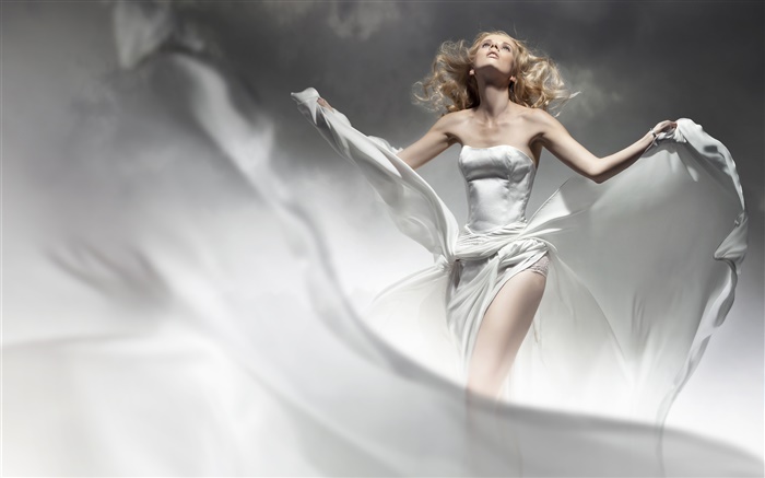 A menina loura, vestido branco, vento, como o anjo Papéis de Parede, imagem