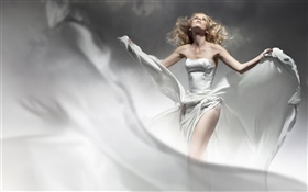 A menina loura, vestido branco, vento, como o anjo HD Papéis de Parede