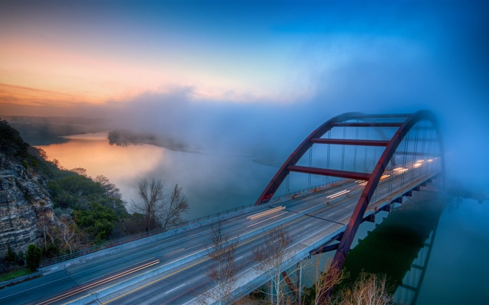 Ponte, rio, névoa, árvores, nuvens, amanhecer Papéis de Parede, imagem