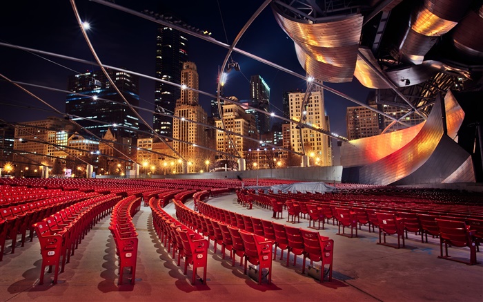 Chicago, Illinois, EUA, edifícios, arranha-céus, cadeiras, noite Papéis de Parede, imagem