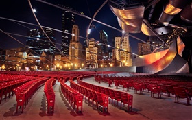 Chicago, Illinois, EUA, edifícios, arranha-céus, cadeiras, noite