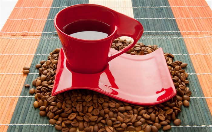 Cup, grãos de café, bebida, vermelho Papéis de Parede, imagem