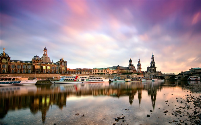 Dresden, Alemanha, manhã, construções, barcos, rio Elbe Papéis de Parede, imagem