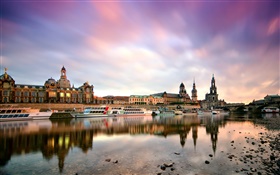 Dresden, Alemanha, manhã, construções, barcos, rio Elbe HD Papéis de Parede