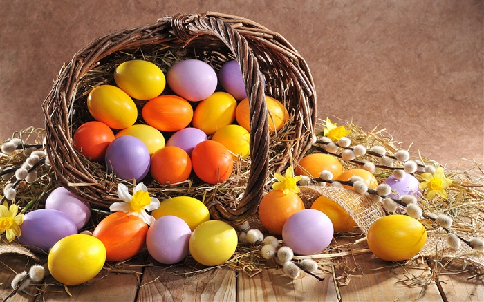 Páscoa, ovos, primavera, ramos de salgueiro, cesta Papéis de Parede, imagem