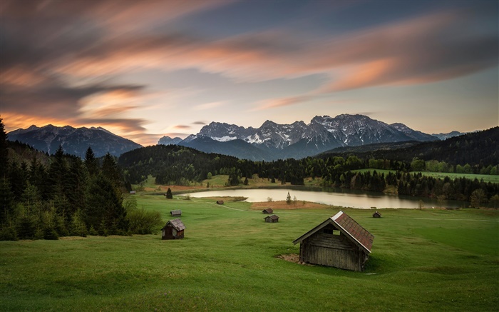 Alemanha, Baviera, cumes, montanhas, casas, árvores, lago Papéis de Parede, imagem
