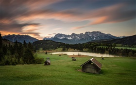 Alemanha, Baviera, cumes, montanhas, casas, árvores, lago