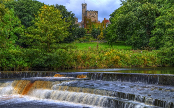 Hornby Castle, Inglaterra, rio, córrego, árvores Papéis de Parede, imagem