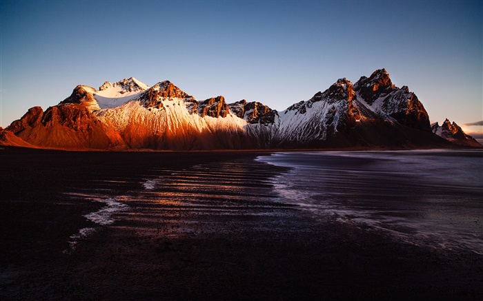 Islândia, Stokksnes, montanha, mar, pôr do sol Papéis de Parede, imagem